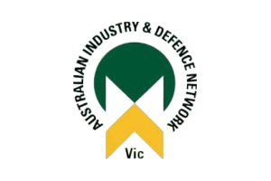 A green and gold emblem with overlapping shapes and the text 'Australian Industry & Defence Network' around it, with 'Vic' at the bottom.