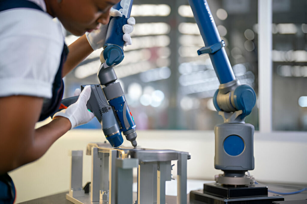 A technician operating advanced robotic arms for precision CNC machining in a high-tech industrial environment.